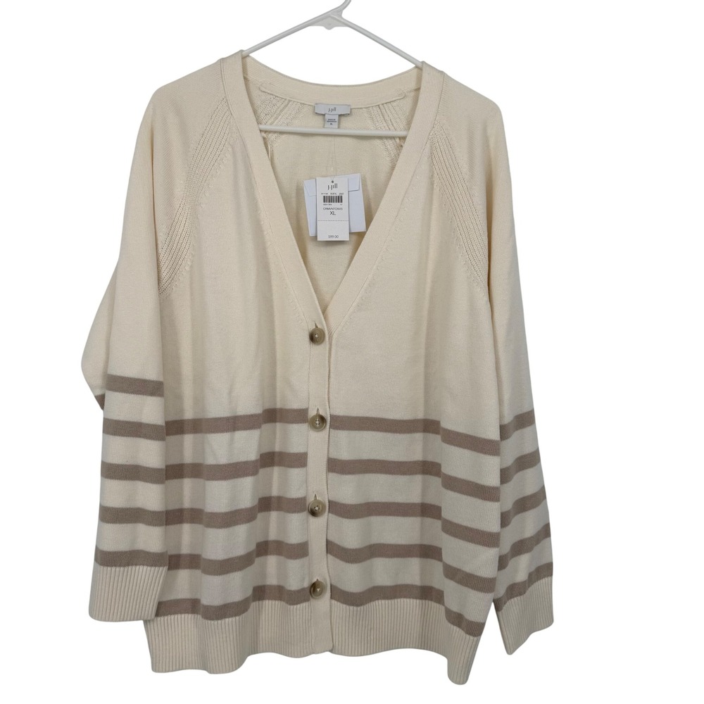 J. Jill Womens XL Cream Tan Striped V-Neck‎ Button Front Cardigan Sweater 311141